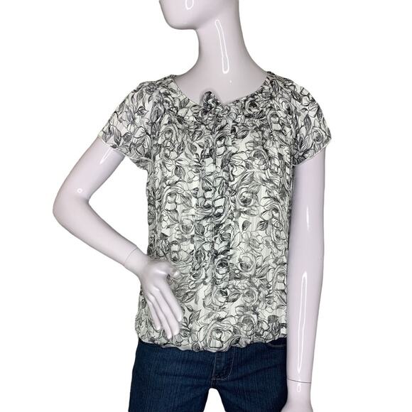 Sara Michelle Petite Top Short Sleeve Elastic on Waist B/W Floral … - Picture 1 of 10